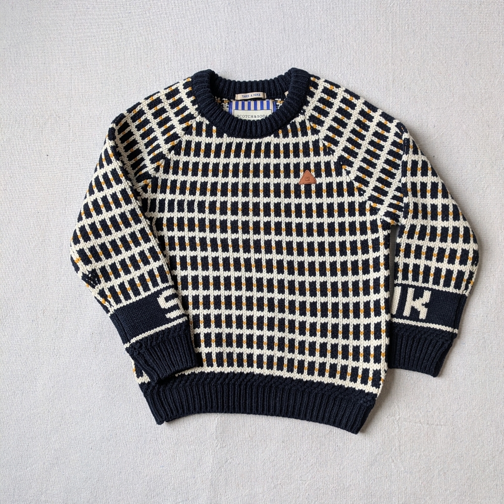 Scotch & Soda Navy and Cream Checkered Crewneck Sweater